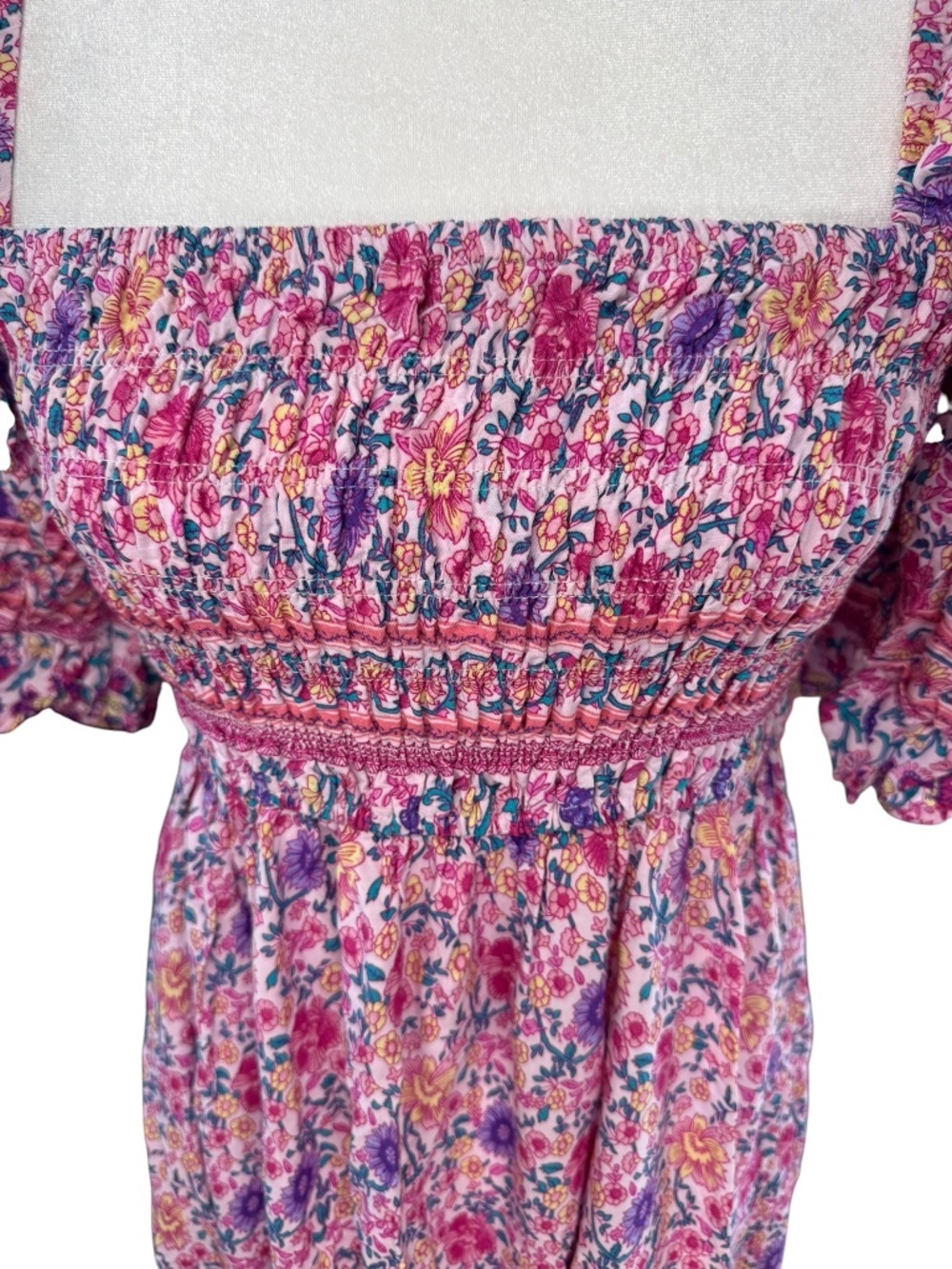 Pink Floral Smocked Puff Sleeve Midi Dress Size Large - Picture 6 of 9